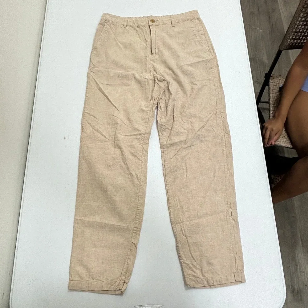 Uniqlo Men S Beige Linen Cotton Blend Straight Leg Relaxed Pants 221-414522